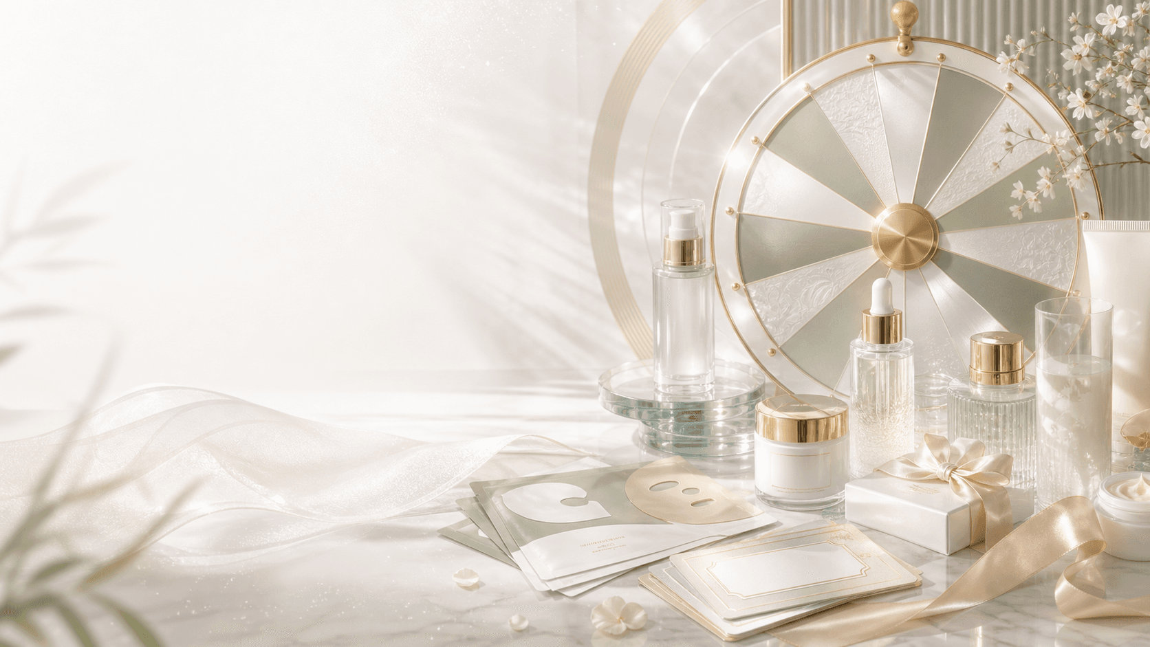 Premium Seoulumi roulette coupon event scene with Korean skincare, gift coupons, and a champagne wheel