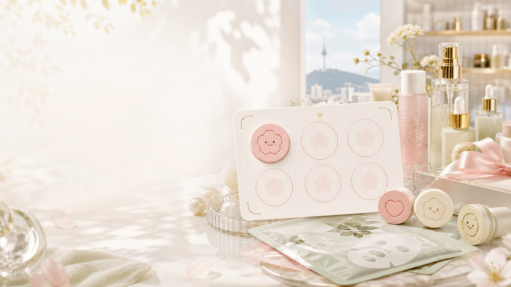 Cute Seoulumi stamp rewards event scene with Korean skincare, pastel stamp card, and soft smiling stamp seals