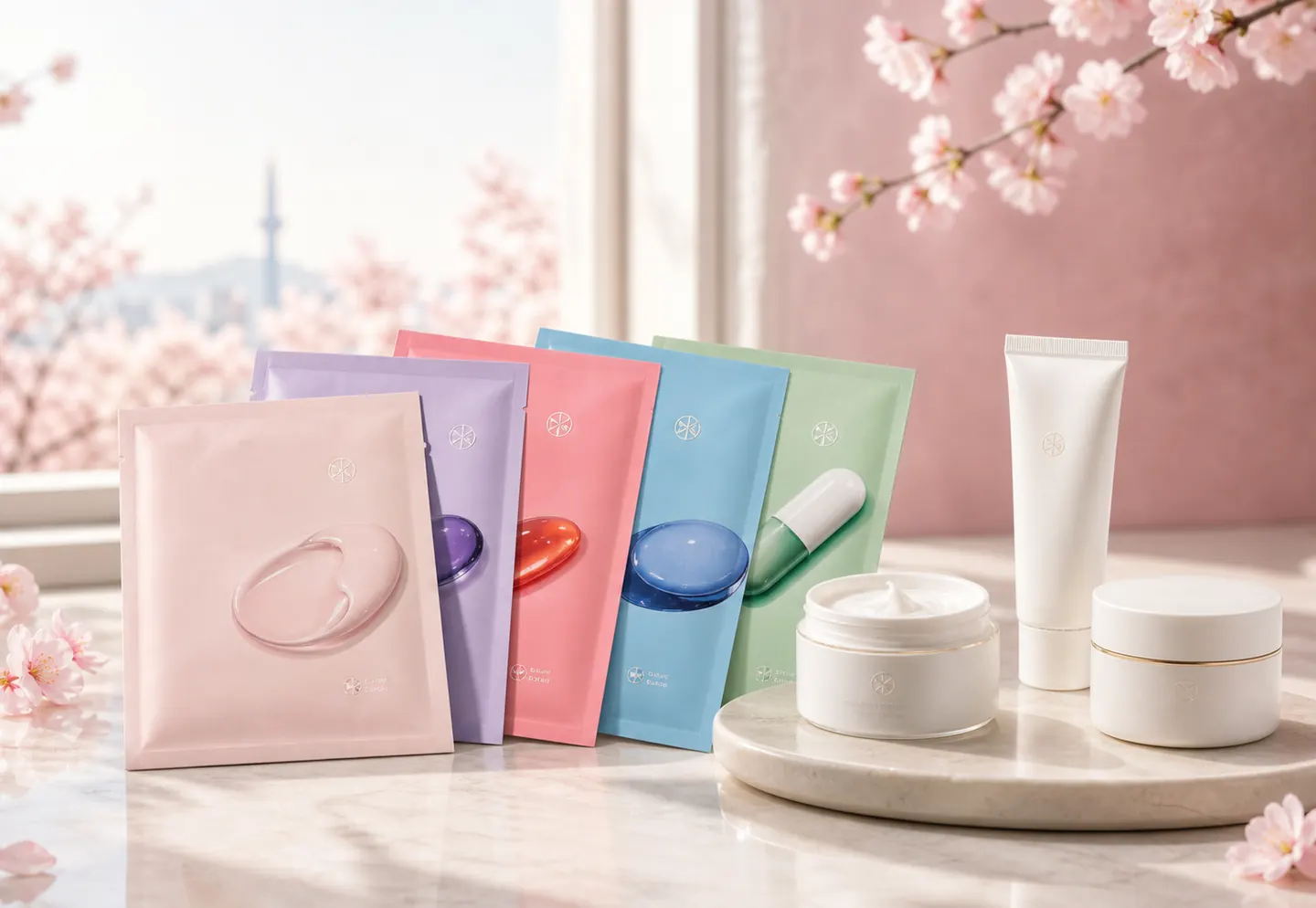 Five sheet masks, sunscreen, and cream products in a photorealistic cherry blossom Seoul skincare scene