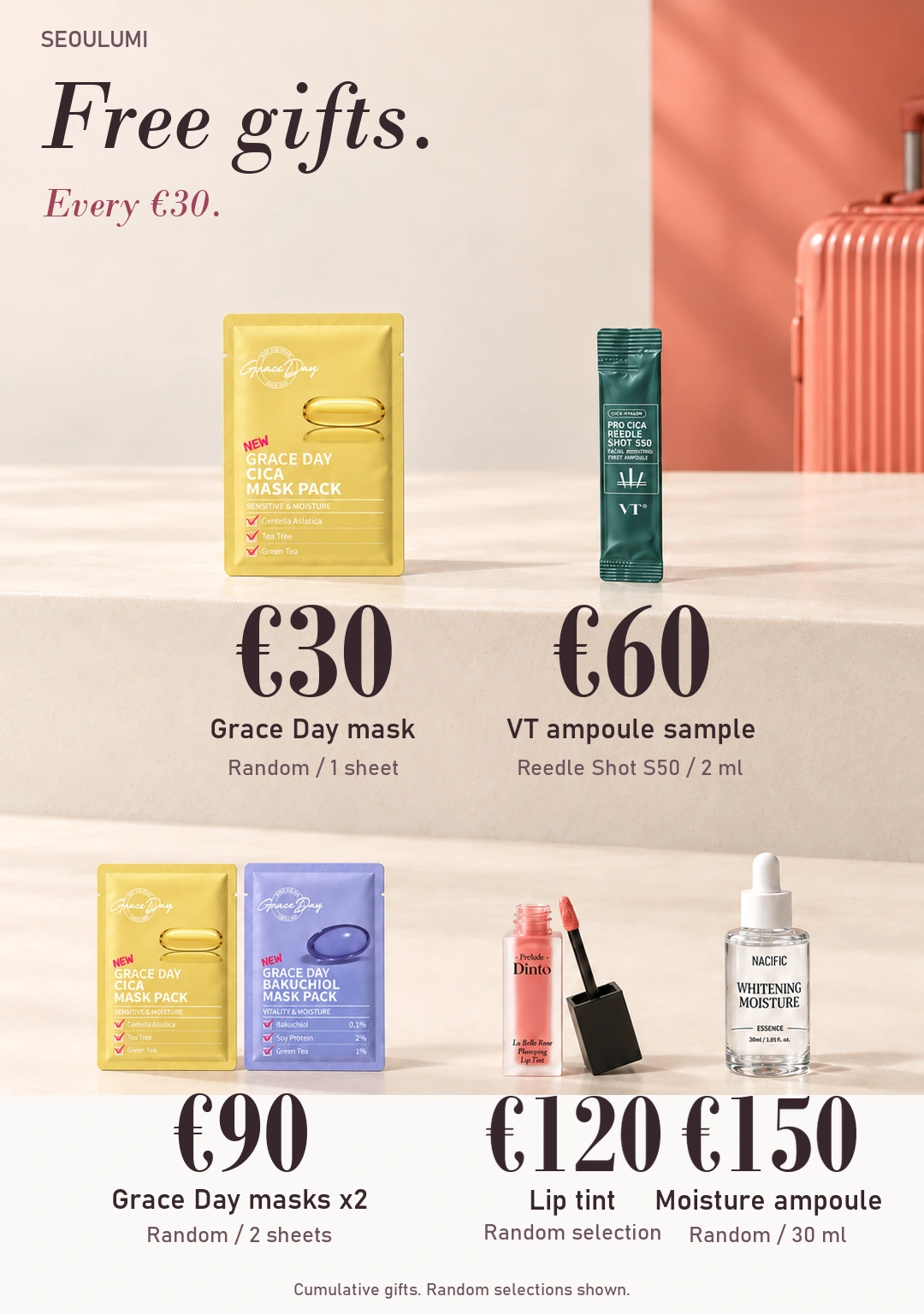 Seoulumi FREE GIFT route: sheet mask from €30, ampoule sample from €60, two sheet masks from €90, lip tint from €120, and a 30 ml ampoule from €150